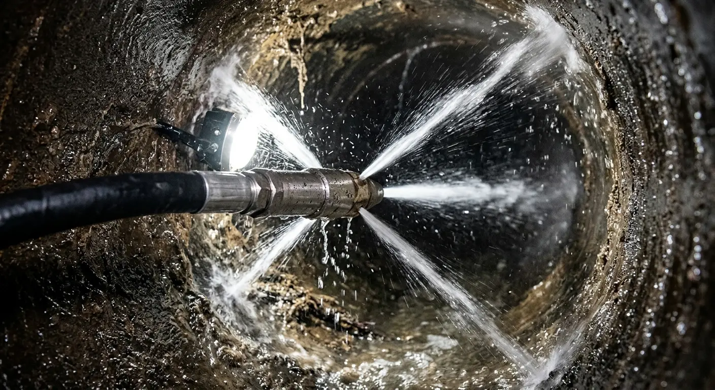 High-pressure hydro jetting nozzle cleaning sewer pipe for Emergency Drain Service in North Hobbs