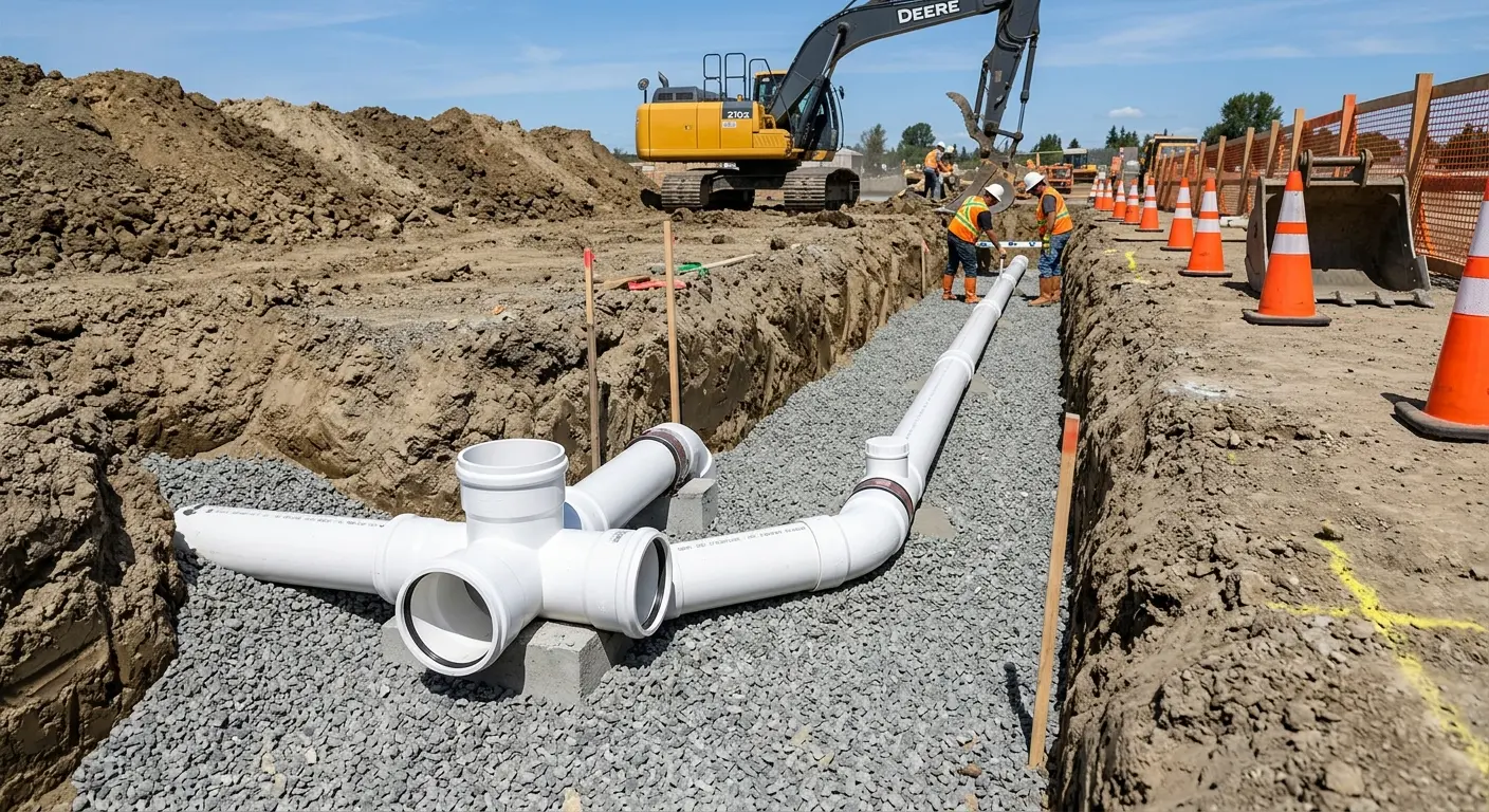New PVC sewer pipe installation in open trench for Commercial Drain Cleaning in North Hobbs