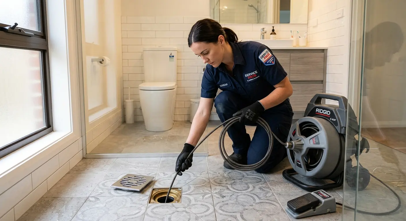 Technician clearing a bathroom floor drain for Hydro Jetting in North Hobbs